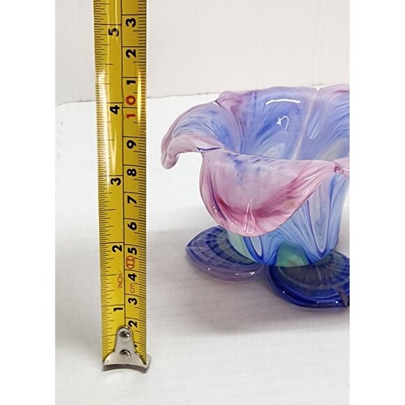 Handblown Glass Small Flower Vase With Multicolor Swirls & Petal-Shaped Rim - Picture 12 of 13